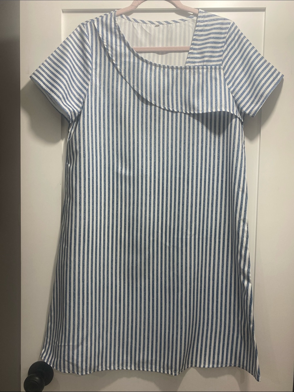 Striped Blue & White Asymmetrical Neck Dress - Picture 1 of 5
